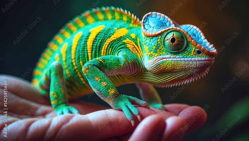 Obraz premium Close-up of a vibrant multicolored chameleon perched vertically on a hand, showcasing its exotic reptilian skin as a popular household pet