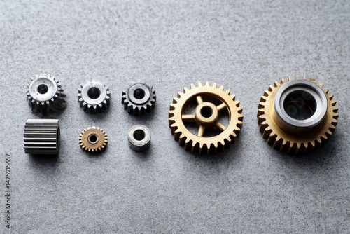 A set of mechanical gears in stages of assembly from scattered parts to a functioning machine