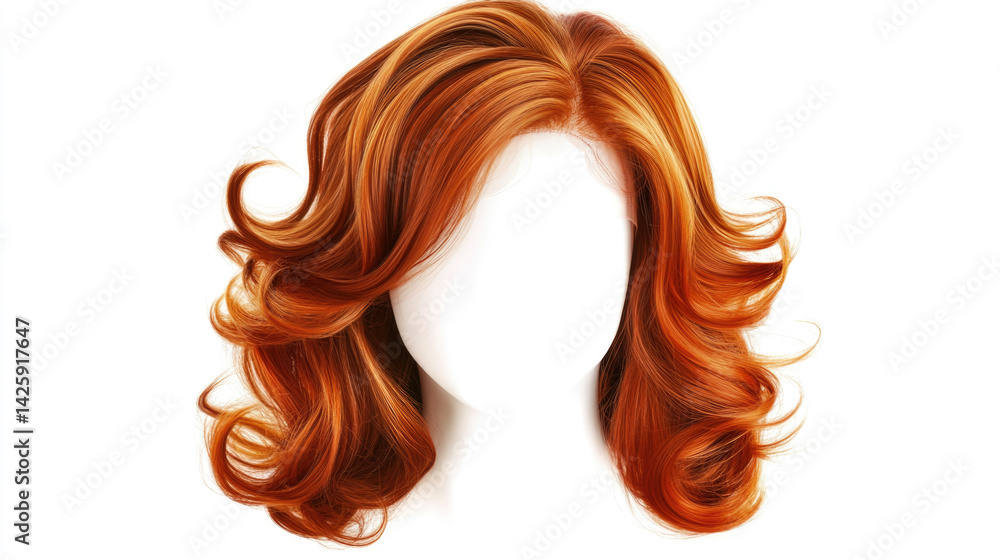 Curly red hair with highlights styled elegantly on white background Curly red hair with highlights styled elegantly on white background