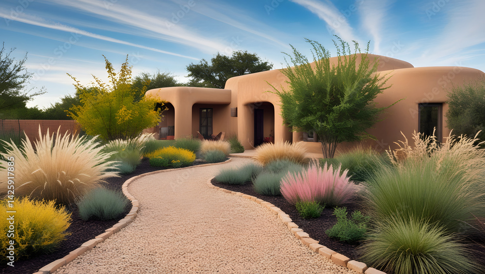 A serene and thriving contemporary garden surrounds an earthy adobe-style house in the heart of Texas, where ornamental grasses and native plants of varying textures and hues flourish in harmony