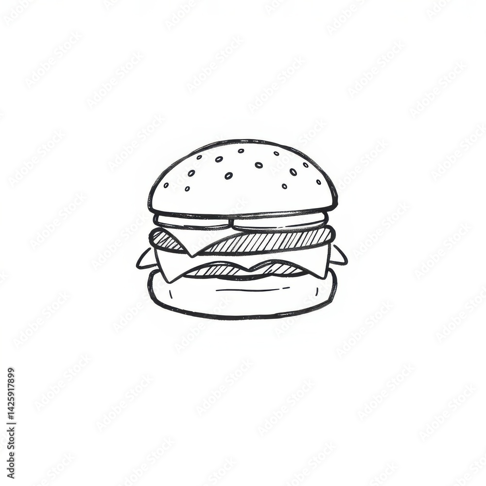 Simple sketch of a classic burger with layers of patty, cheese, and bun in monochrome tones. Simple sketch of a classic burger with layers of patty, cheese, and bun in monochrome tones.