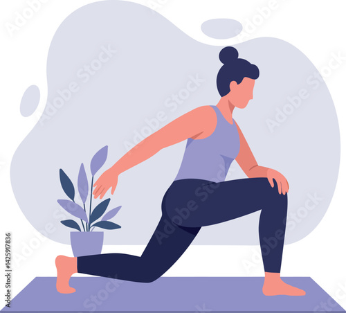 Woman practicing yoga stretching exercise on mat in calm environment vector illustration 