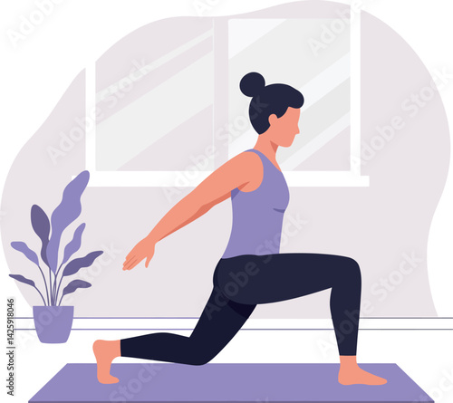 Woman practicing indoor yoga exercise on mat in home environment vector illustration 