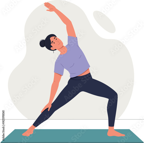 Woman practicing yoga stretching exercise on mat with purple top and black pants 