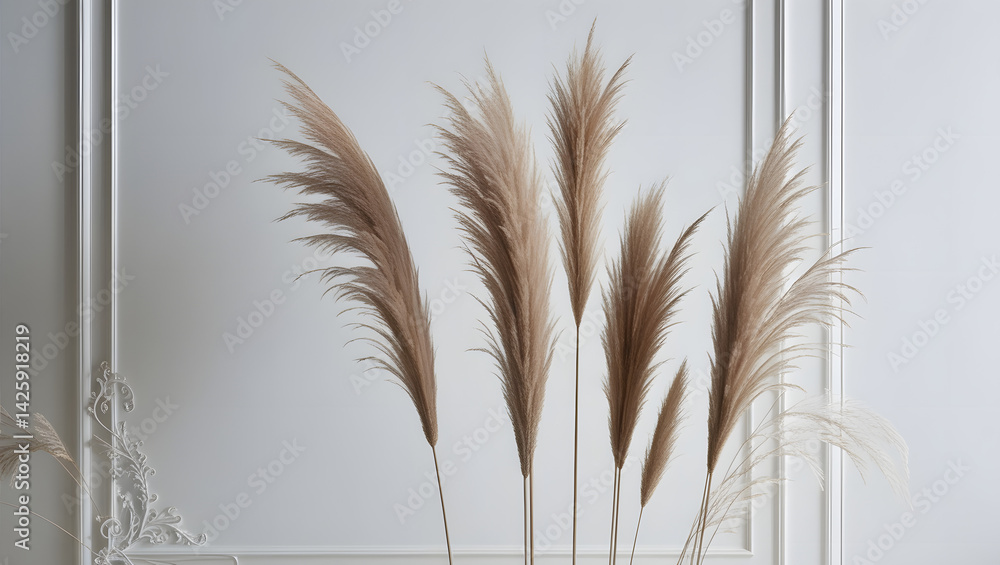 Delicately textured, feathery plumes of ornamental grasses, varying in height and shape, stand upright against a crisp, stark white background, evoking a sense of serenity and elegance, accompanied