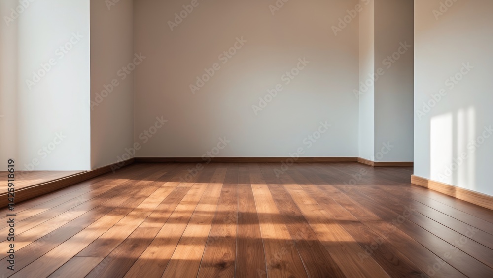 Interior of an empty room featuring a brown wood laminate floor and white walls Interior of an empty room featuring a brown wood laminate floor and white walls