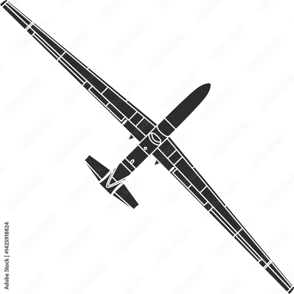 Naklejka premium Unmanned aerial vehicle for strategic purposes RQ-4 Global Hawk icon top view isolated in black.