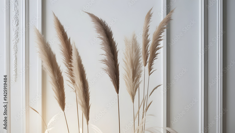 Delicately textured, feathery plumes of ornamental grasses, varying in height and shape, stand upright against a crisp, stark white background, evoking a sense of serenity and elegance, accompanied