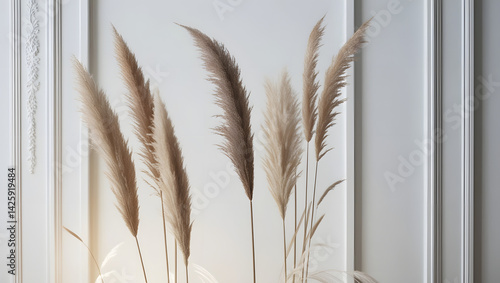 Obraz na płótnie Delicately textured, feathery plumes of ornamental grasses, varying in height and shape, stand upright against a crisp, stark white background, evoking a sense of serenity and elegance, accompanied w salonie