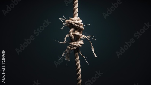 Close-up of a frayed rope about to break against a dark background
