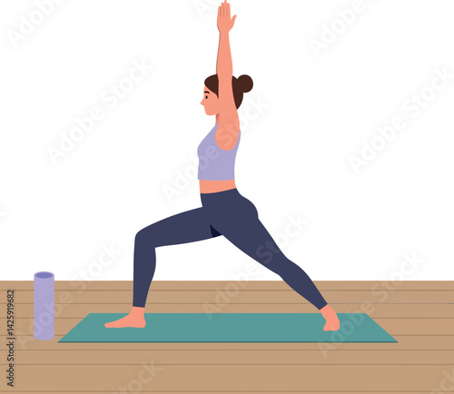 Woman practicing yoga warrior pose on mat with water bottle in home interior setting 
