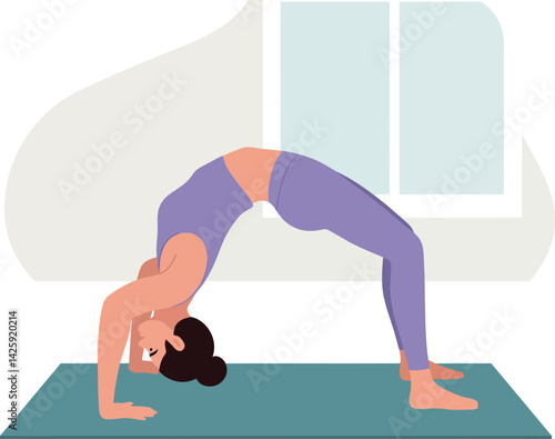 Woman practicing yoga bridge pose indoor fitness exercise mat purple outfit vector illustration 