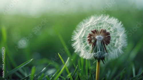 Dandelion Closed Bud among Green Grass with White Flowers - High Resolution Image