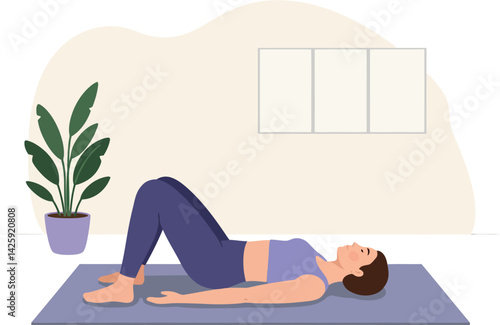 Woman practicing yoga relaxation pose on mat with indoor plant and window background vector 