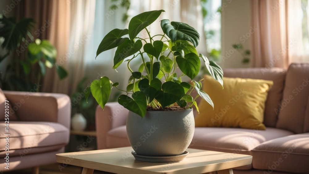 Living room with Epipremnum aureum in pots on table and sofa, featuring houseplants and vining plants with heart-shaped leaves Living room with Epipremnum aureum in pots on table and sofa, featuring houseplants and vining plants with heart-shaped leaves