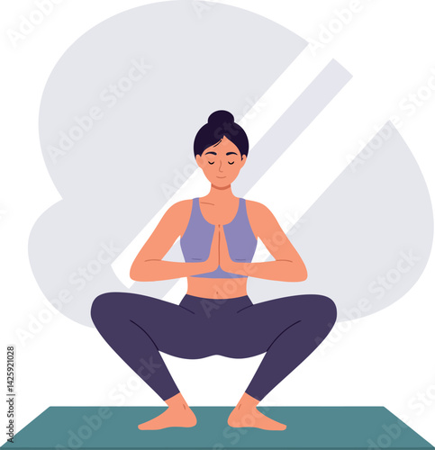 Woman practicing yoga in garland pose on green mat with purple outfit vector illustration 