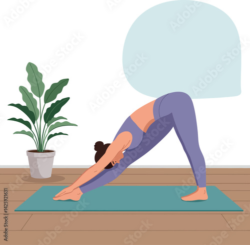 Woman practicing yoga downward dog pose on mat with indoor plant at home wellness vector 