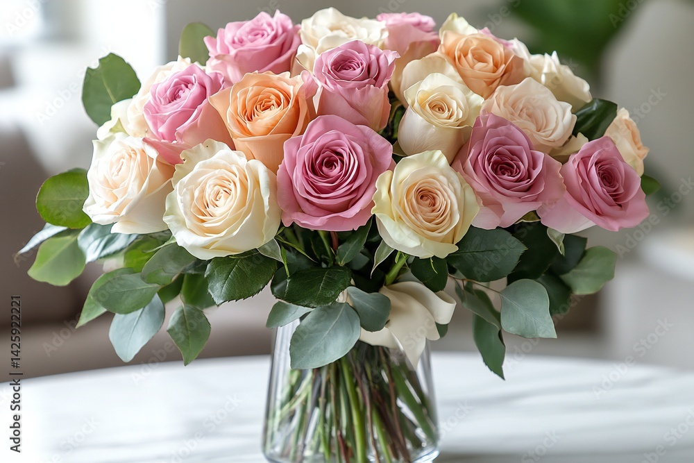 Fototapeta premium Delicate pastel roses in a glass vase.