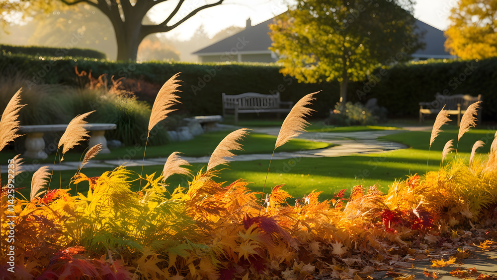 a serene and warm cinematic photograph of vibrant Autumn foliage, with ornamental grasses swaying gently in the soft breeze, set against a backdrop of a lush green suburban garden, with a meandering