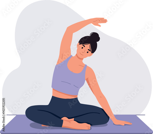 Woman practicing seated yoga stretching on mat in indoor fitness session vector illustration 