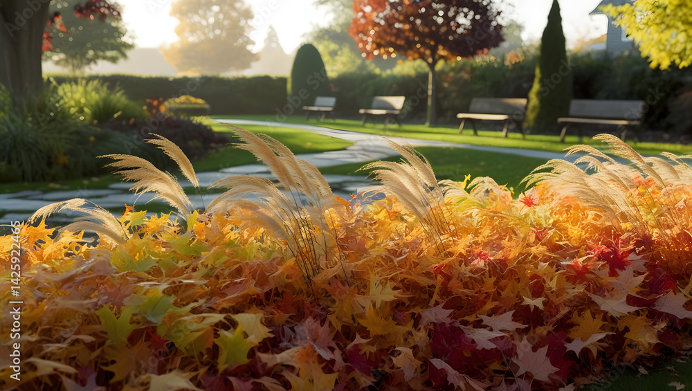 a serene and warm cinematic photograph of vibrant Autumn foliage, with ornamental grasses swaying gently in the soft breeze, set against a backdrop of a lush green suburban garden, with a meandering
