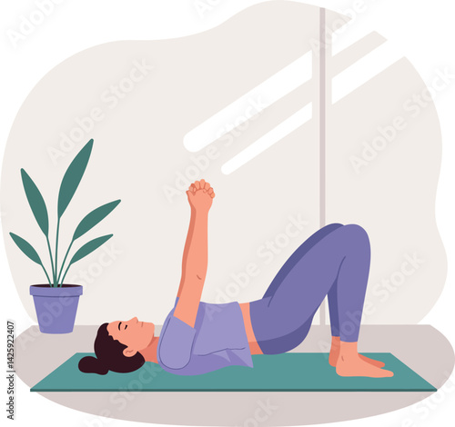 Woman practicing bridge pose yoga exercise indoors on mat with plant in room 