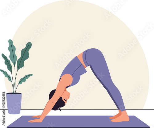 Woman practicing downward dog yoga pose on purple mat with green plant indoors vector illustration 