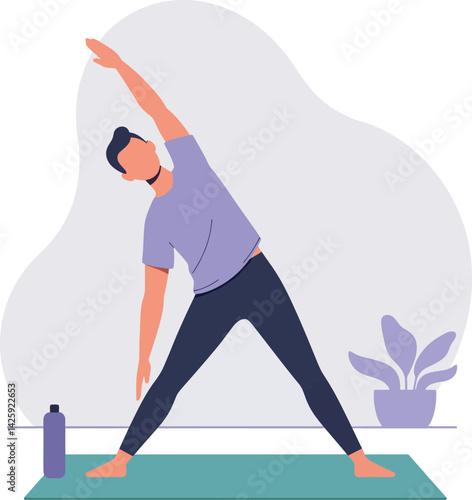 Man stretching on yoga mat with water bottle and plant in calm interior space vector illustration 