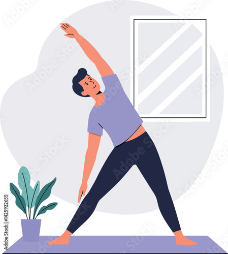 Man stretching exercise at home with purple shirt and black pants on yoga mat 