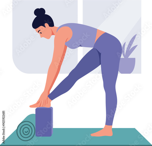 Woman practicing yoga stretching with block and mat in indoor fitness routine