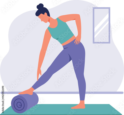 Woman stretching leg with yoga mat in home fitness exercise routine vector illustration 