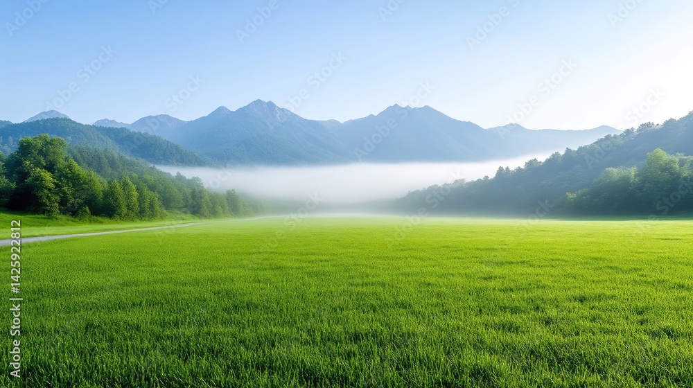Fototapeta premium Misty mountain valley, serene green field