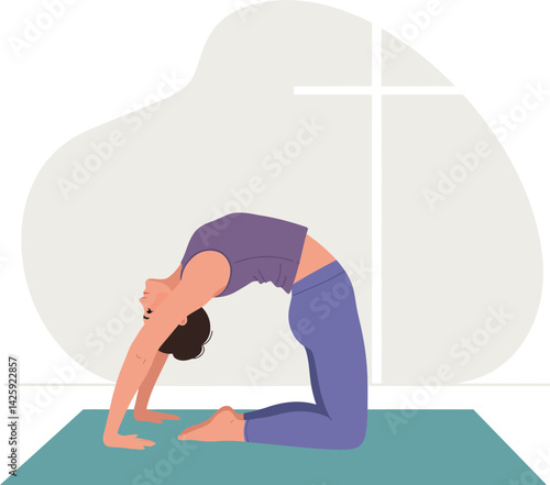 Woman practicing camel yoga pose on mat with cross symbol background vector illustration 
