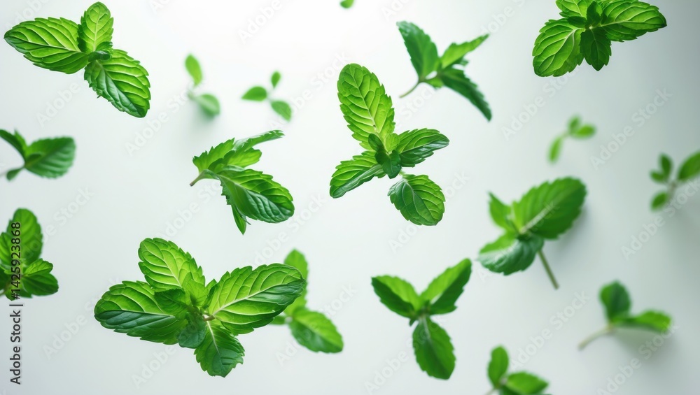 Mint leaves falling, isolated on white background with selective focus Mint leaves falling, isolated on white background with selective focus