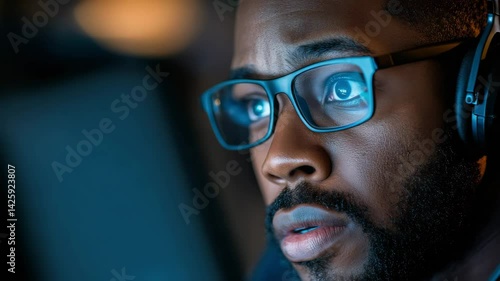 Focused man wearing headset working remotely