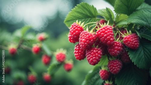 Summer scene of ripe raspberries hanging on bush with blurred green leaves in background