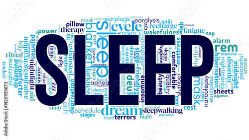 word cloud centered on "Sleep," with keywords about rest, health, and relaxation. Perfect for wellness, bedtime routines, insomnia help, and calming lifestyle visuals