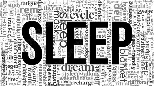 word cloud centered on "Sleep," with keywords about rest, health, and relaxation. Perfect for wellness, bedtime routines, insomnia help, and calming lifestyle visuals