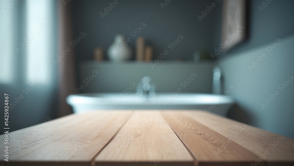 Empty wooden bathroom table with blurred background and white light Empty wooden bathroom table with blurred background and white light
