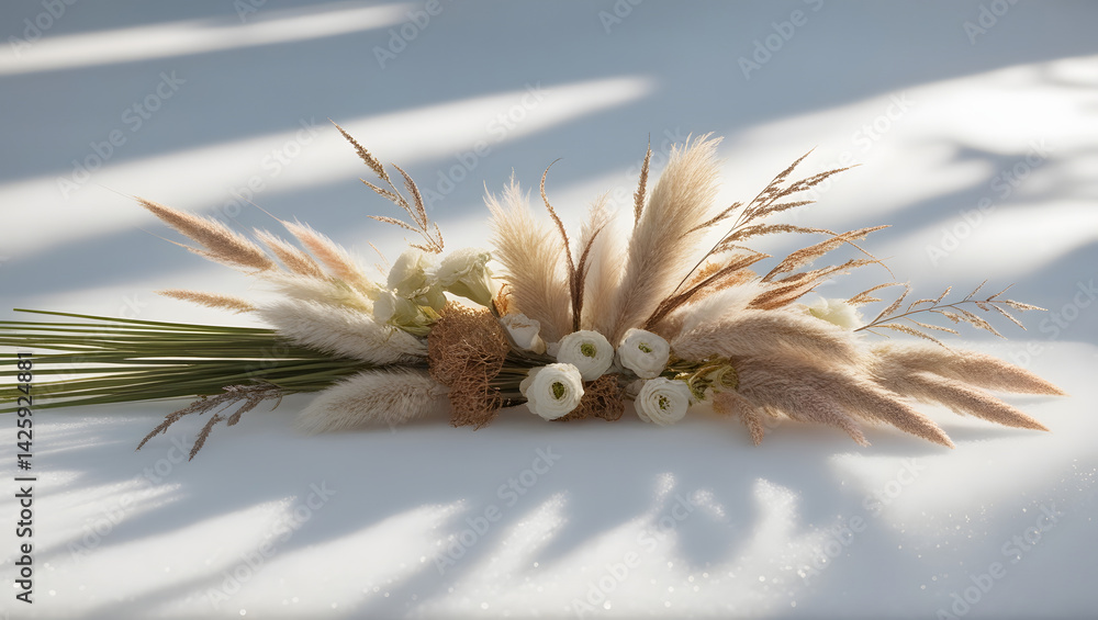 a highly stylized, cinematic photograph of a delicate arrangement of flowers from ornamental grasses, freshly cut and artfully placed on a pristine, snow-white surface, with soft, diffused lighting