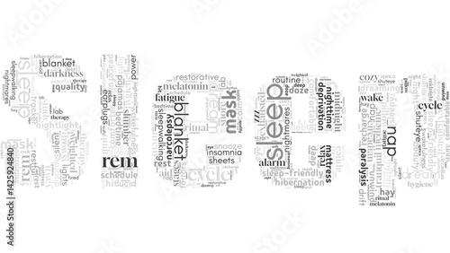 word cloud centered on "Sleep," with keywords about rest, health, and relaxation. Perfect for wellness, bedtime routines, insomnia help, and calming lifestyle visuals