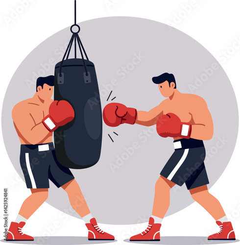 Two boxers training with punching bag in gym sports activity illustration vector 