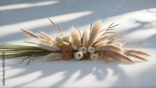 Obraz na płótnie a highly stylized, cinematic photograph of a delicate arrangement of flowers from ornamental grasses, freshly cut and artfully placed on a pristine, snow-white surface, with soft, diffused lighting w salonie