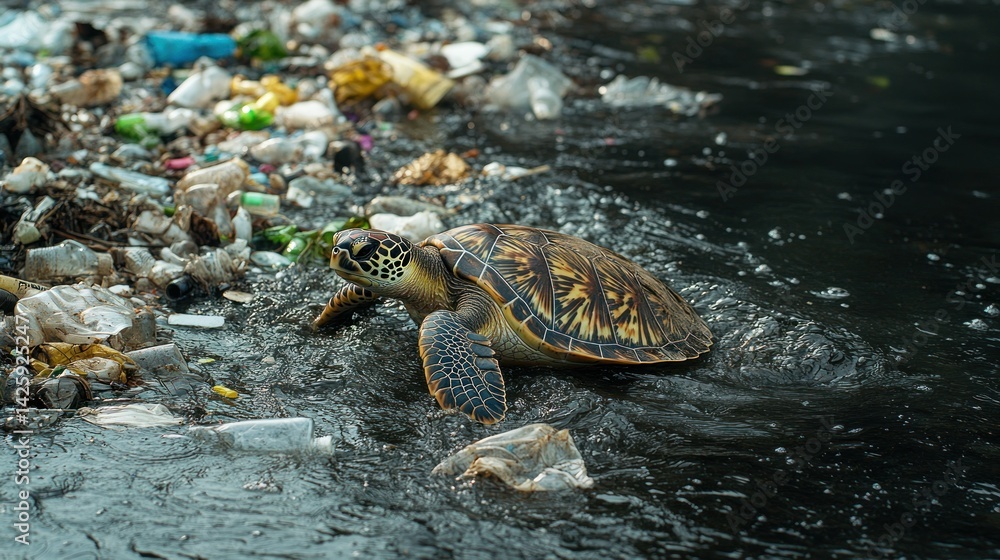 Obraz premium Turtle in polluted water