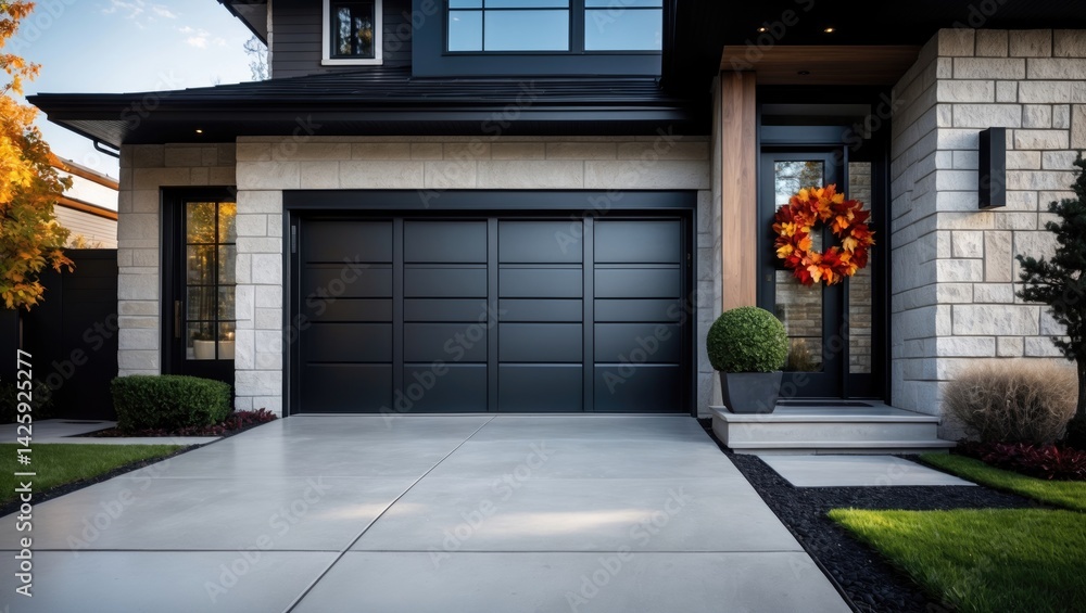Obraz premium Modern black panel metal garage door featured on a luxury contemporary house with a concrete driveway and a glass door framed in black