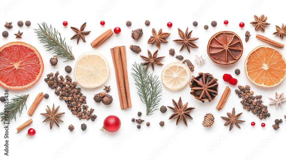 Obraz premium Dried Citrus Fruits Spices Star Anise Cinnamon Sticks Festive Winter Holiday Season Ingredients Aromatic Natural Food Photography White Background Mulled Wine Recipe Decoration cozy warm lemon sweet