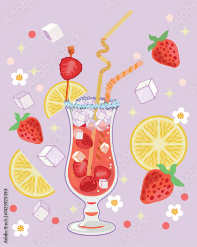 Royal Dream Summer Cocktail – Flat Vector Illustration with Strawberries and Lemons)