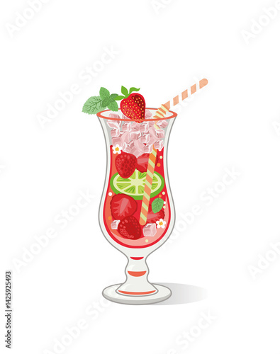 Vector illustration of strawberry-mint cocktail in a hurricane glass on a white background