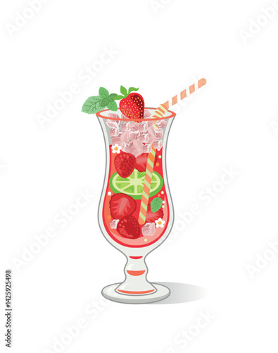 Vector illustration of strawberry-mint cocktail in a hurricane glass on a white background