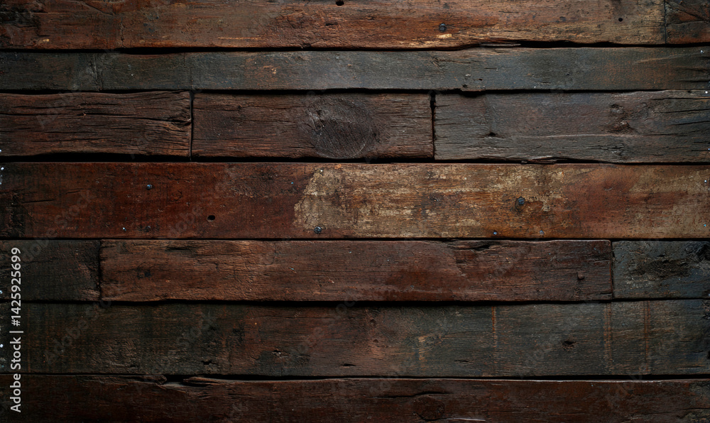Naklejka premium Dark Weathered Wooden Planks with Distressed Texture for Background or Design Elements in Rustic or Vintage Style